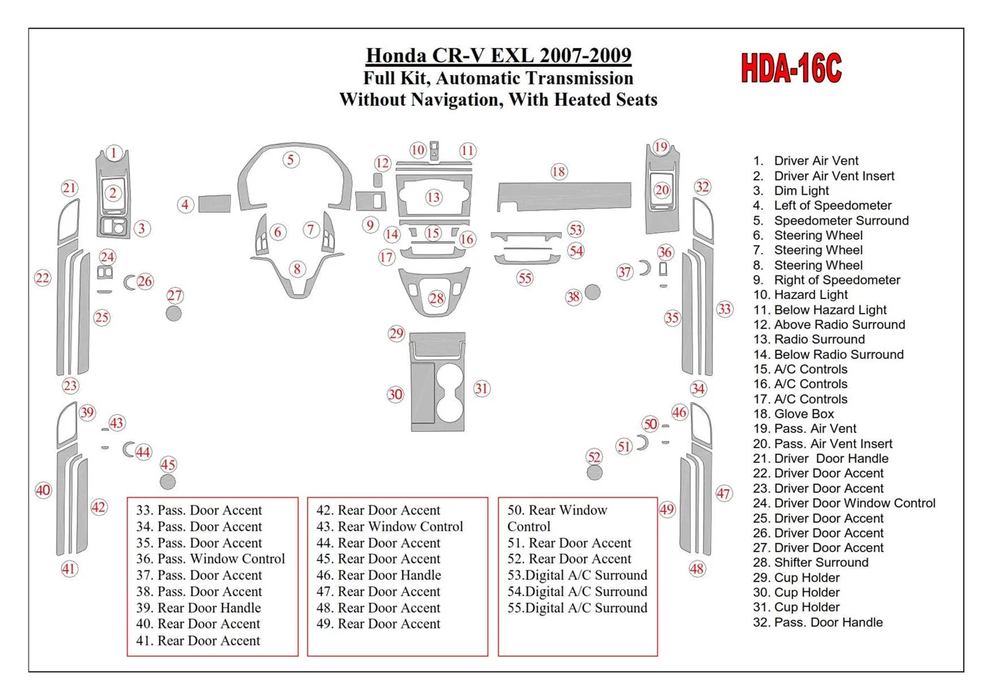 Honda CR-V 2007-2009 Ensemble Complet, EXL Model, Boîte automatique, Sans NAVI,Avec Heated Seats BD Décoration de tableau de bor