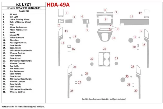 Honda CR-V 2010-UP Basic Set, EX Model BD Interieur Dashboard Bekleding Volhouder