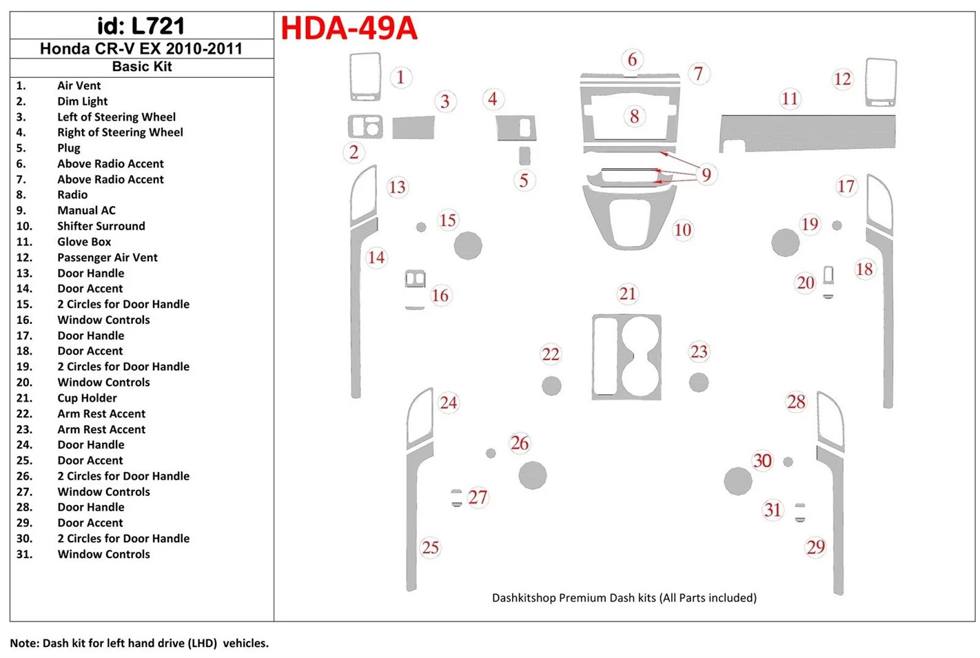Honda CR-V 2010-UP Basic Set, EX Model BD Interieur Dashboard Bekleding Volhouder