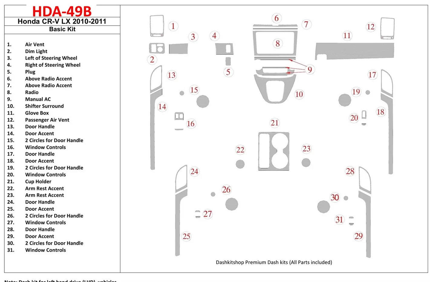 Honda CR-V 2010-UP Basic Set, LX Model BD Interieur Dashboard Bekleding Volhouder