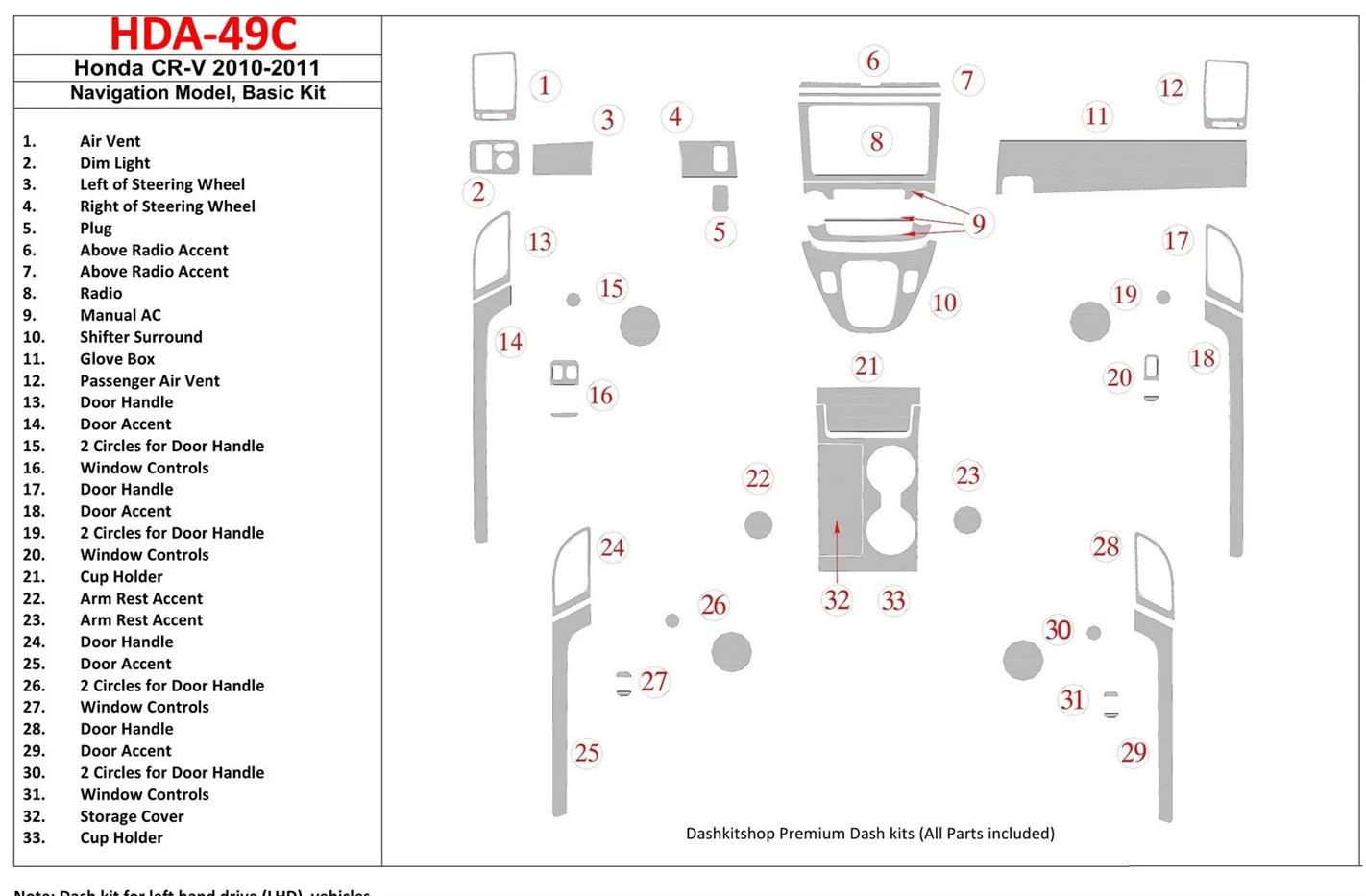 Honda CR-V 2010-UP Grundset, Navigation Model BD innenausstattung armaturendekor cockpit dekor - 1- Cockpit Dekor Innenraum