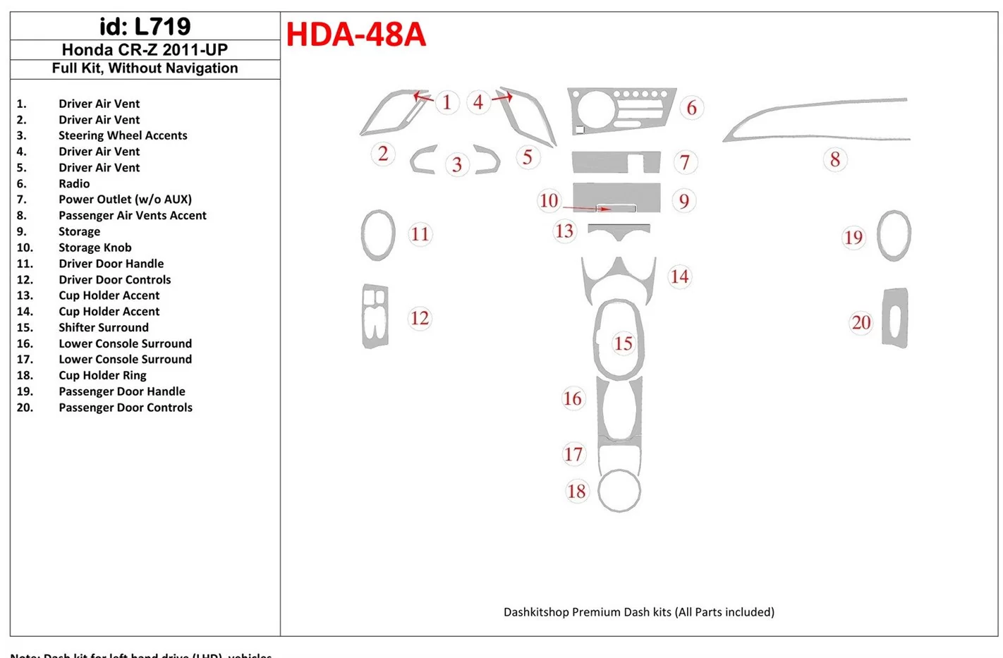 Honda CR-Z 2011-UP Ensemble Complet Sans NAVI BD Kit la décoration du tableau de bord - 1 - habillage decor de tableau de bord