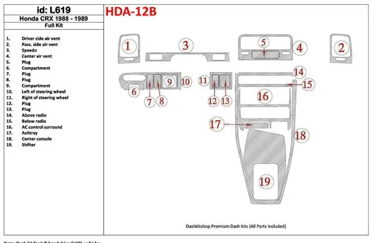 Honda CRX 1988-1989 Full Set BD Interieur Dashboard Bekleding Volhouder