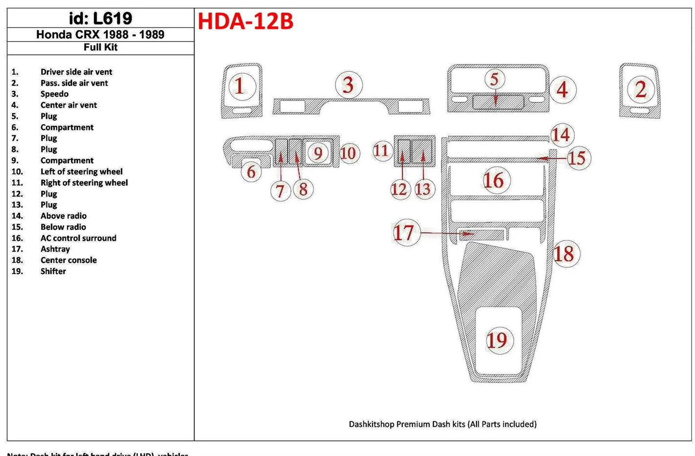 Honda CRX 1988-1989 Full Set Cruscotto BD Rivestimenti interni