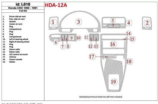 Honda CRX 1990-1991 Ensemble Complet, 19 Parts set BD Kit la décoration du tableau de bord - 1 - habillage decor de tableau de b