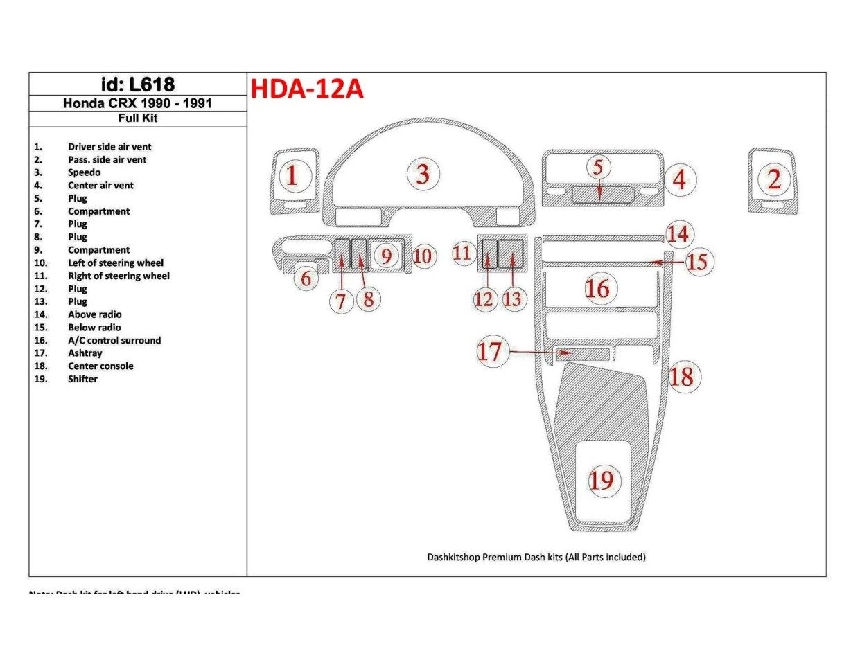 Honda CRX 1990-1991 Full Set, 19 Parts set Cruscotto BD Rivestimenti interni