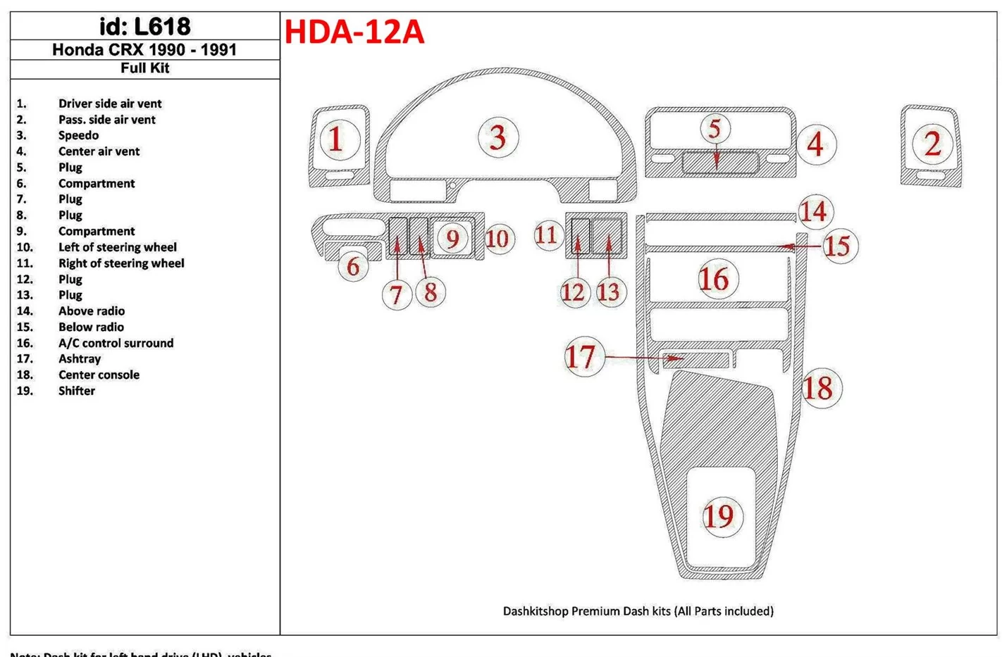 Honda CRX 1990-1991 Voll Satz, 19 Parts set BD innenausstattung armaturendekor cockpit dekor - 1- Cockpit Dekor Innenraum
