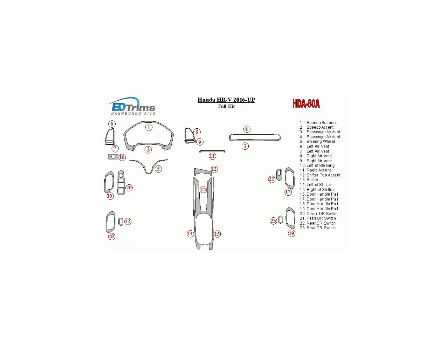 Honda HR-V 2016-UP Ensemble Complet BD Kit la décoration du tableau de bord - 1 - habillage decor de tableau de bord