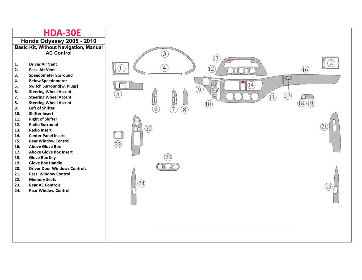 Honda Odyssey 2005-UP Basic Set, Without NAVI system, Manual Gearbox AC Control BD Interieur Dashboard Bekleding Volhouder