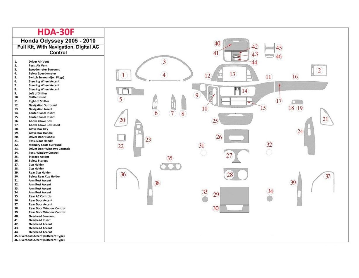 Honda Odyssey 2005-UP Full Set, With NAVI system, Automatic AC Control BD Interieur Dashboard Bekleding Volhouder