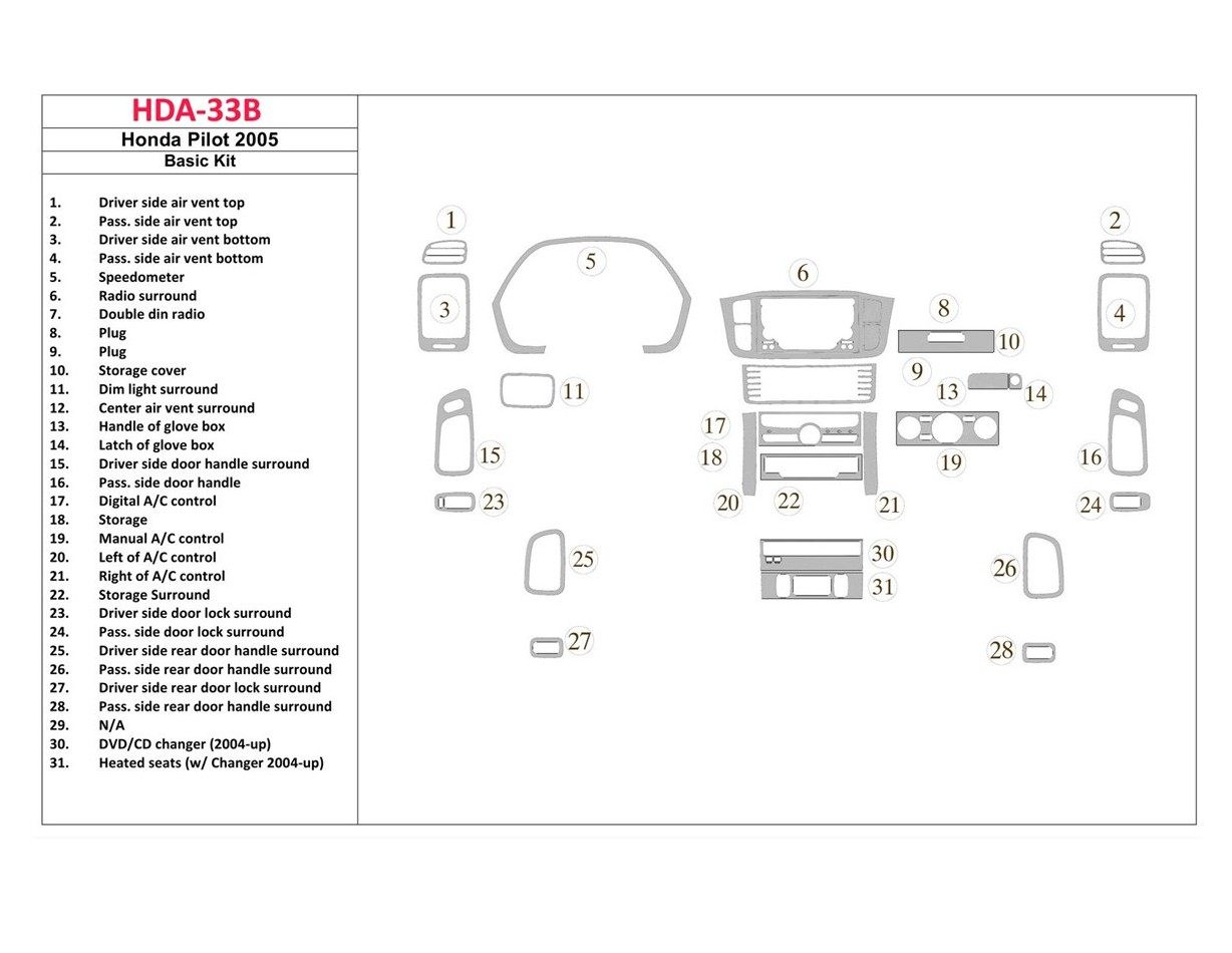 Honda Pilot 2005-2005 Basic Set, OEM Compliance BD Interieur Dashboard Bekleding Volhouder