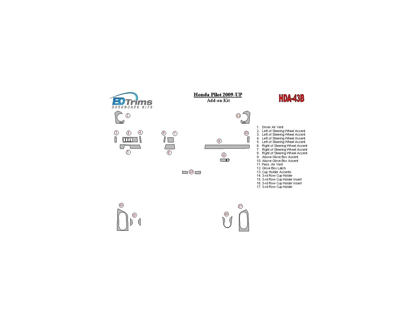 Honda Pilot 2009-UP additional kit BD Interieur Dashboard Bekleding Volhouder