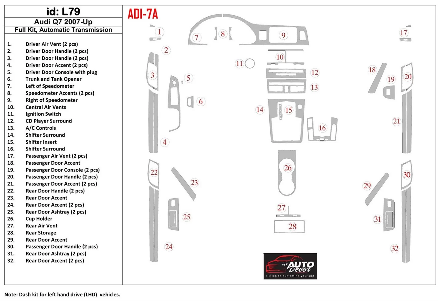 Audi Q7 2007-UP Full Set, Automatic Gear, Aluminum OEM Cruscotto BD Rivestimenti interni