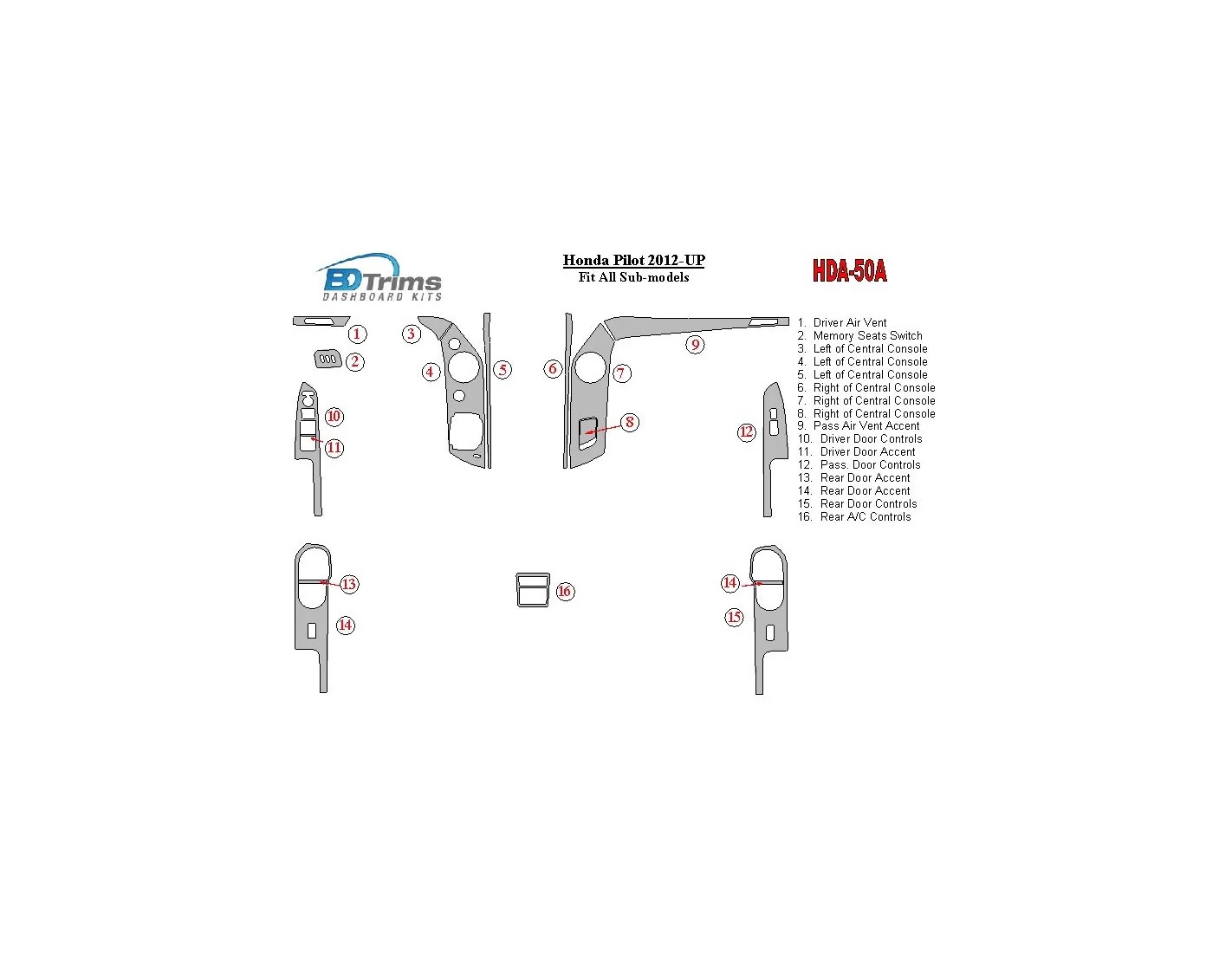 Honda Pilot 2012-UP BD Interieur Dashboard Bekleding Volhouder