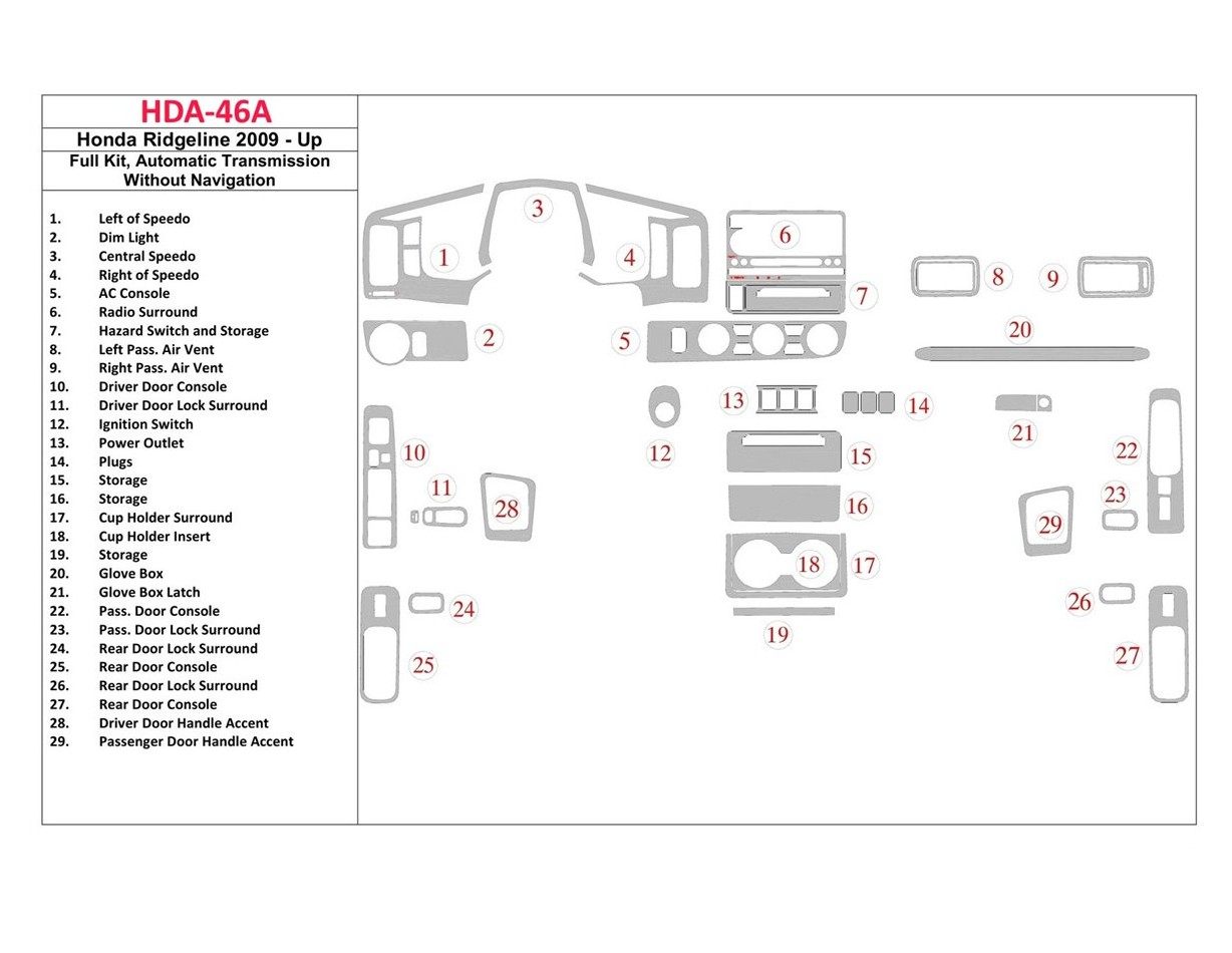 Honda Ridgeline 2009-UP Full Set, Automatic Gear, Without NAVI Cruscotto BD Rivestimenti interni