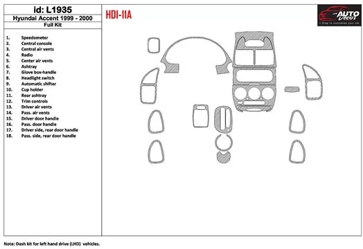 Hyundai Accent 2000-2000 Full Set, 18 Parts set Cruscotto BD Rivestimenti interni