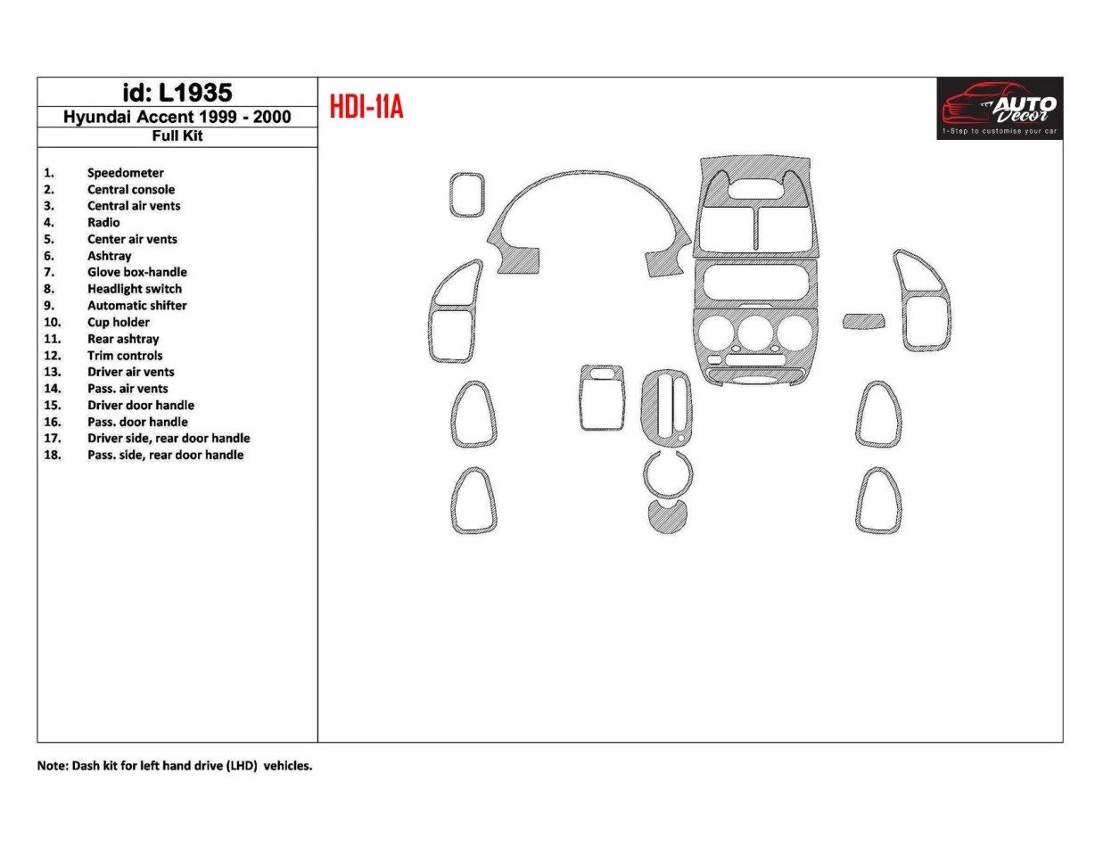 Hyundai Accent 2000-2000 Full Set, 18 Parts set BD Interieur Dashboard Bekleding Volhouder