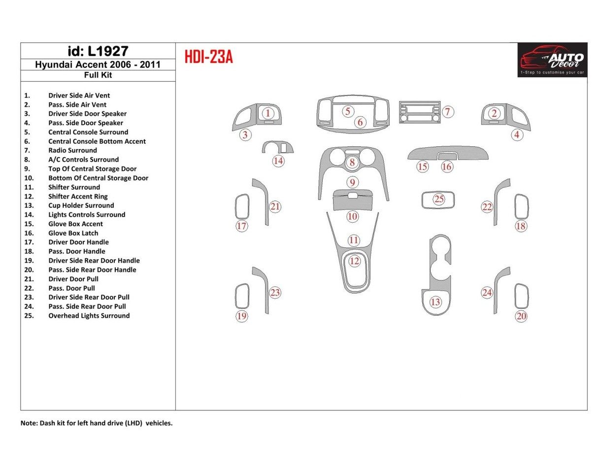 Hyundai Accent 2006-2011 Ensemble Complet BD Kit la décoration du tableau de bord - 1 - habillage decor de tableau de bord