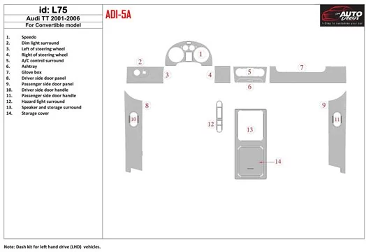 Audi TT 2001-2006 Folding roof-Cabrio, 14 Parts set BD Kit la décoration du tableau de bord - 1 - habillage decor de tableau de 