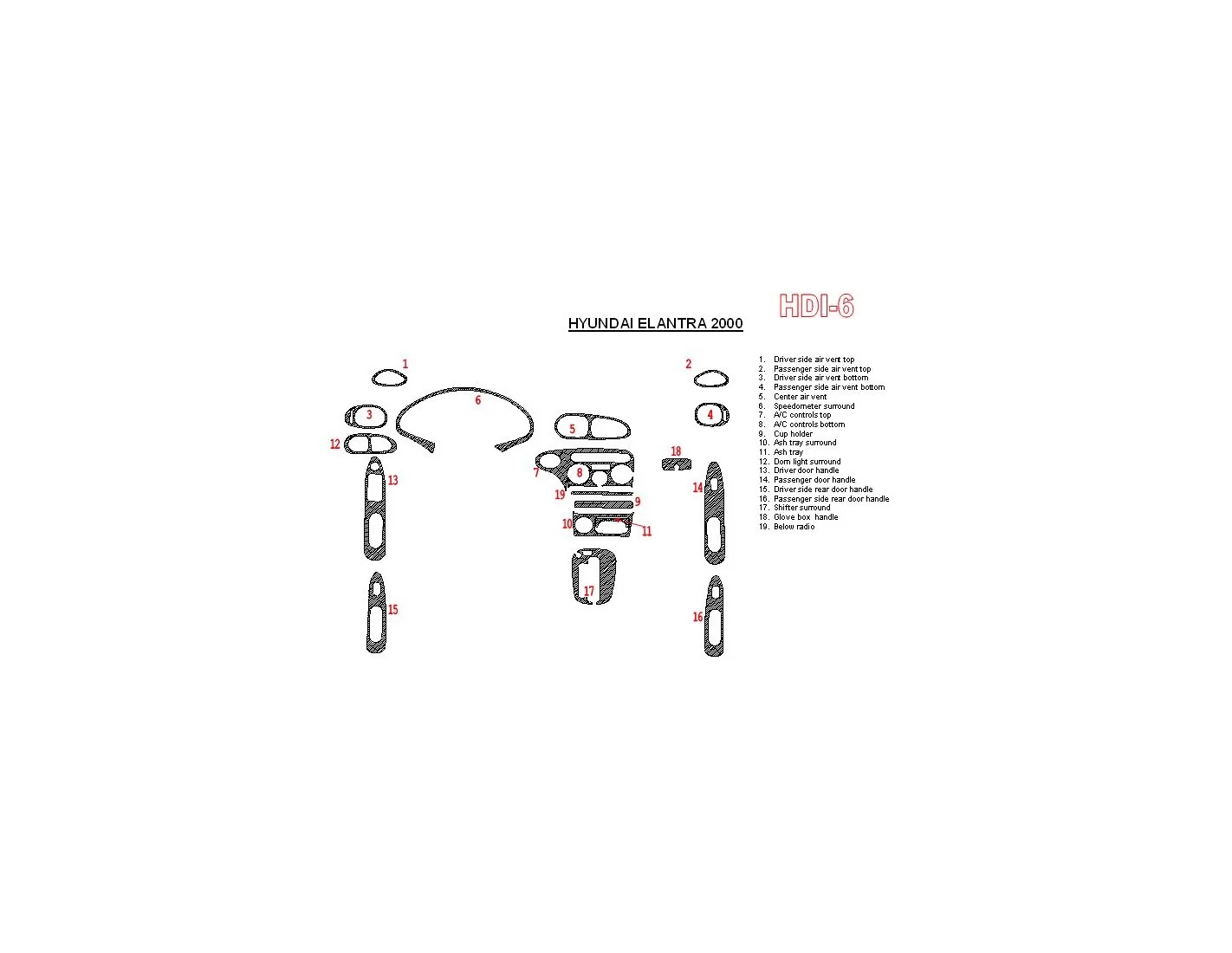 Hyundai Elantra 2000-2000 Ensemble Complet BD Kit la décoration du tableau de bord - 1 - habillage decor de tableau de bord