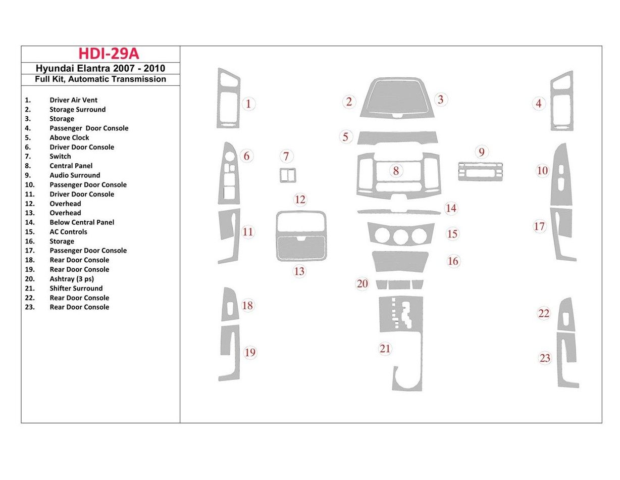 Hyundai Elantra 2007-2010 Full Set, Automatic Gear Cruscotto BD Rivestimenti interni