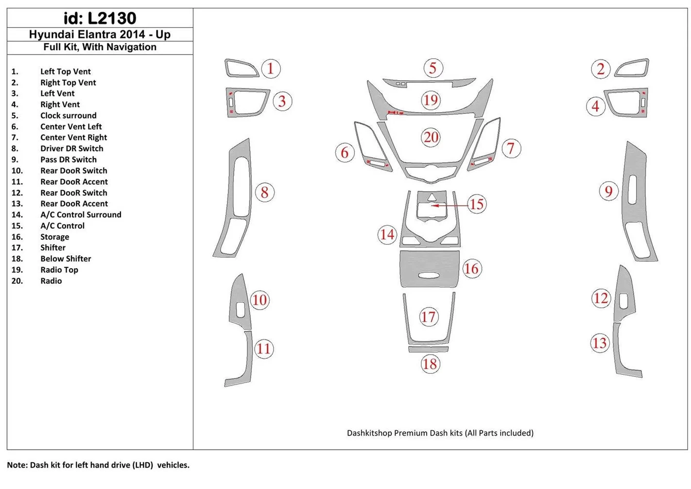 Hyundai Elantra 2014-UP Full Set, With NAVI Cruscotto BD Rivestimenti interni