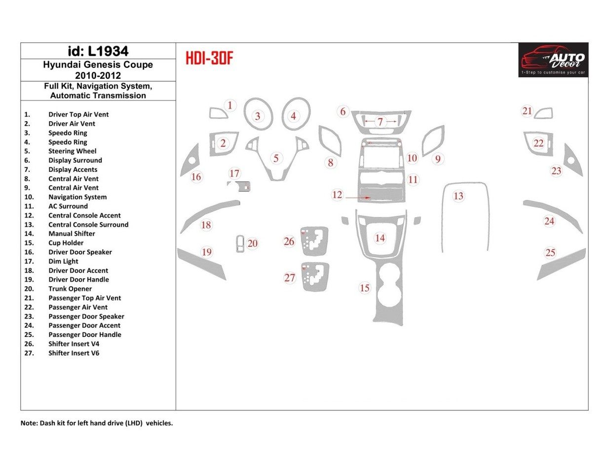 Hyundai Genesis Coupe 2010-2012 Ensemble Complet, Navigation system, Boîte automatique BD Kit la décoration du tableau de bord -