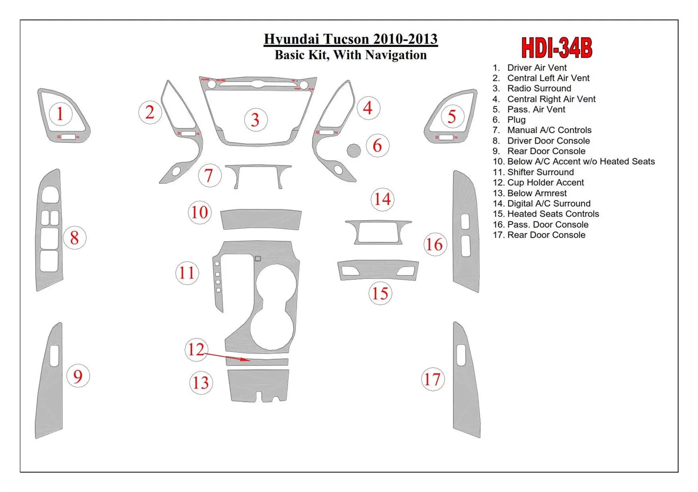 Hyundai ix35 2010-UP Paquet de base, Avec NAVI BD Kit la décoration du tableau de bord - 1 - habillage decor de tableau de bord