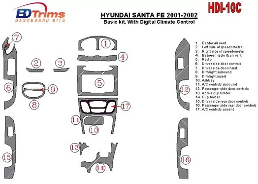 Hyundai Santa Fe 2001-2002 Grundset, With Automatic Climate Control, 17 Parts set BD innenausstattung armaturendekor cockpit dek