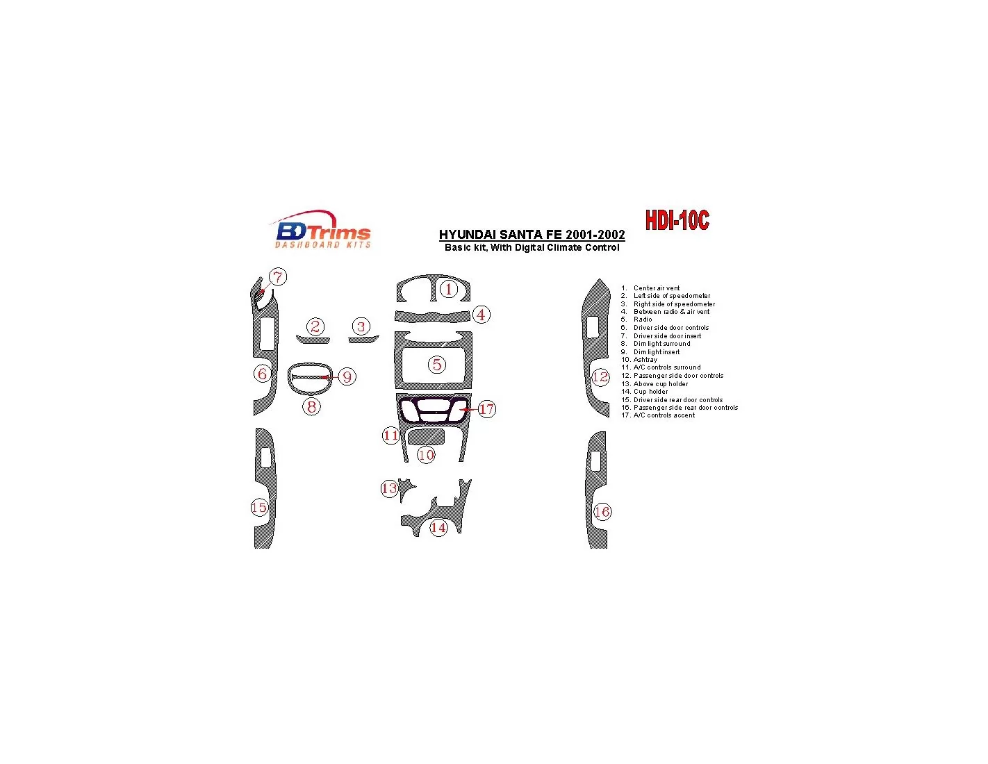 Hyundai Santa Fe 2001-2002 Basic Set, With Automatic Climate Control, 17 Parts set BD Interieur Dashboard Bekleding Volhouder