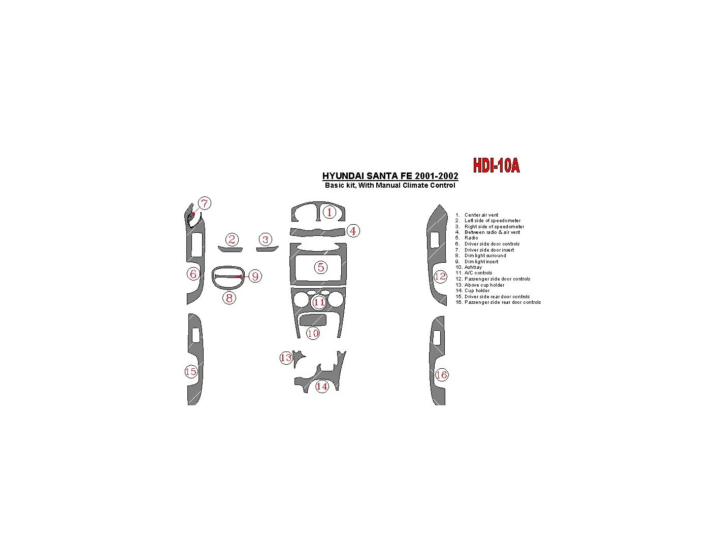 Hyundai Santa Fe 2001-2002 Grundset, With Manual Gearbox, Climate Control, 16 Parts set BD innenausstattung armaturendekor cockp