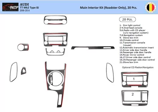 Audi TT 2008-2014-Roadster Kit Rivestimento Cruscotto all'interno del veicolo Cruscotti personalizzati 20-Decori