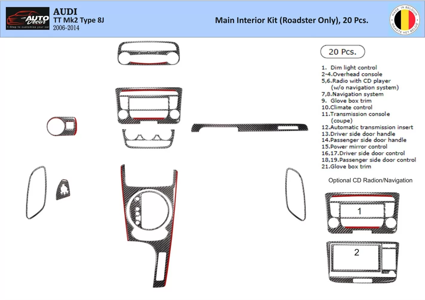 Audi TT 2008-2014-Roadster Kit Rivestimento Cruscotto all'interno del veicolo Cruscotti personalizzati 20-Decori