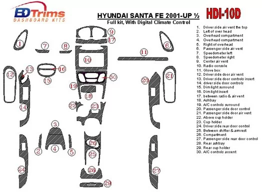 Hyundai Santa Fe 2001-2002 Full Set, With Automatic Climate Control, 30 Parts set Cruscotto BD Rivestimenti interni