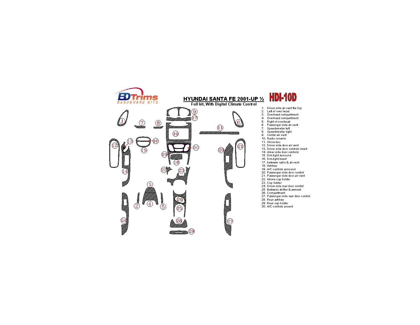 Hyundai Santa Fe 2001-2002 Full Set, With Automatic Climate Control, 30 Parts set Cruscotto BD Rivestimenti interni