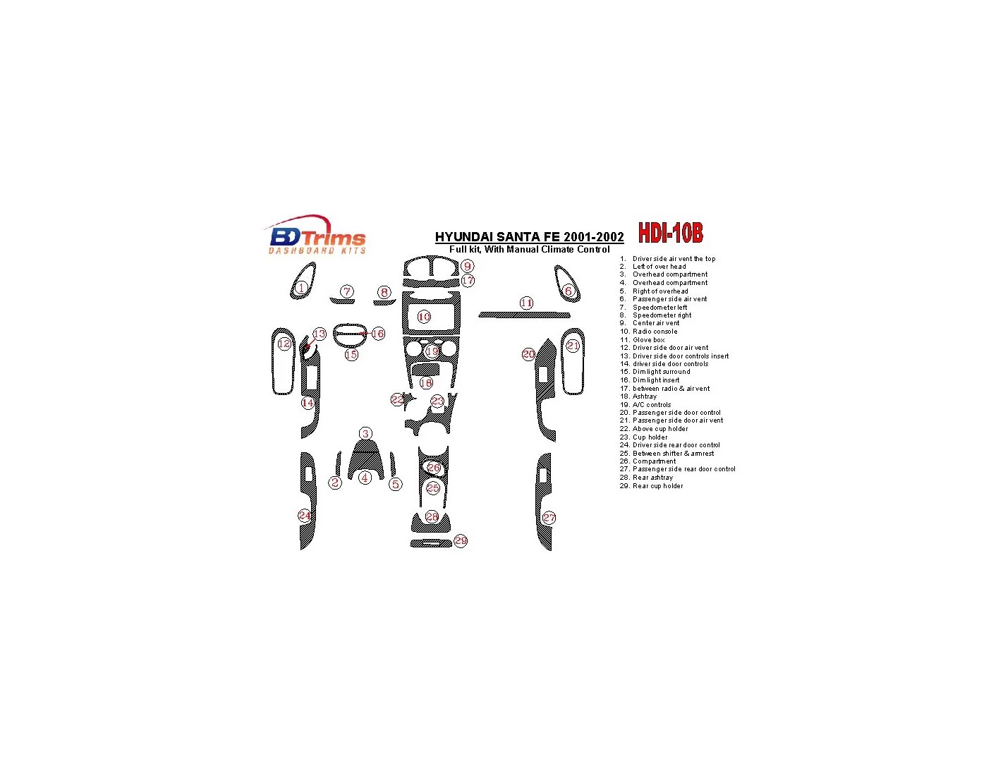 Hyundai Santa Fe 2001-2002 Full Set, With Manual Gearbox, Climate Control, 29 Parts set Cruscotto BD Rivestimenti interni