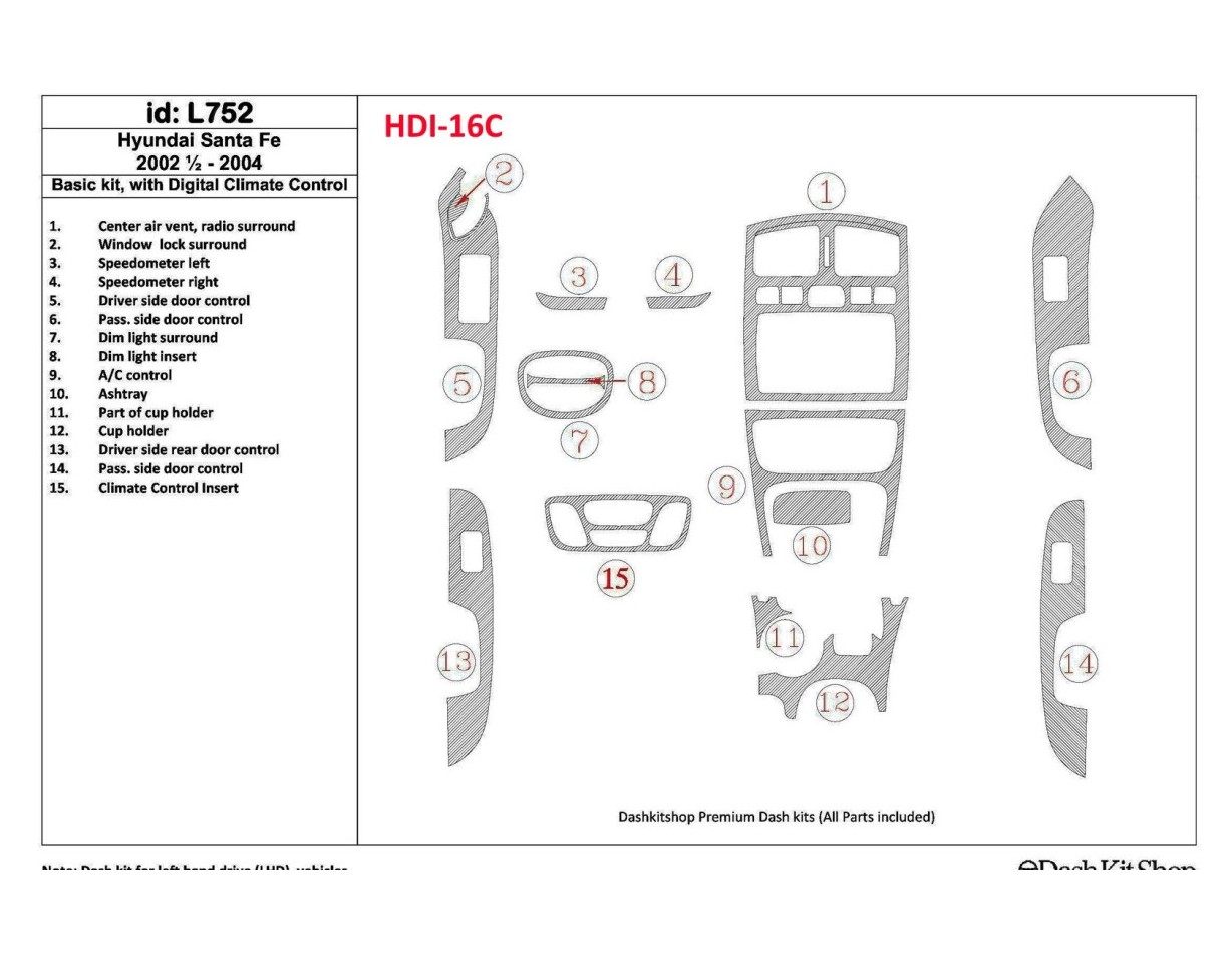 Hyundai Santa Fe 2002-2004 Grundset, With Automatic Climate Control, 16 Parts set BD innenausstattung armaturendekor cockpit dek