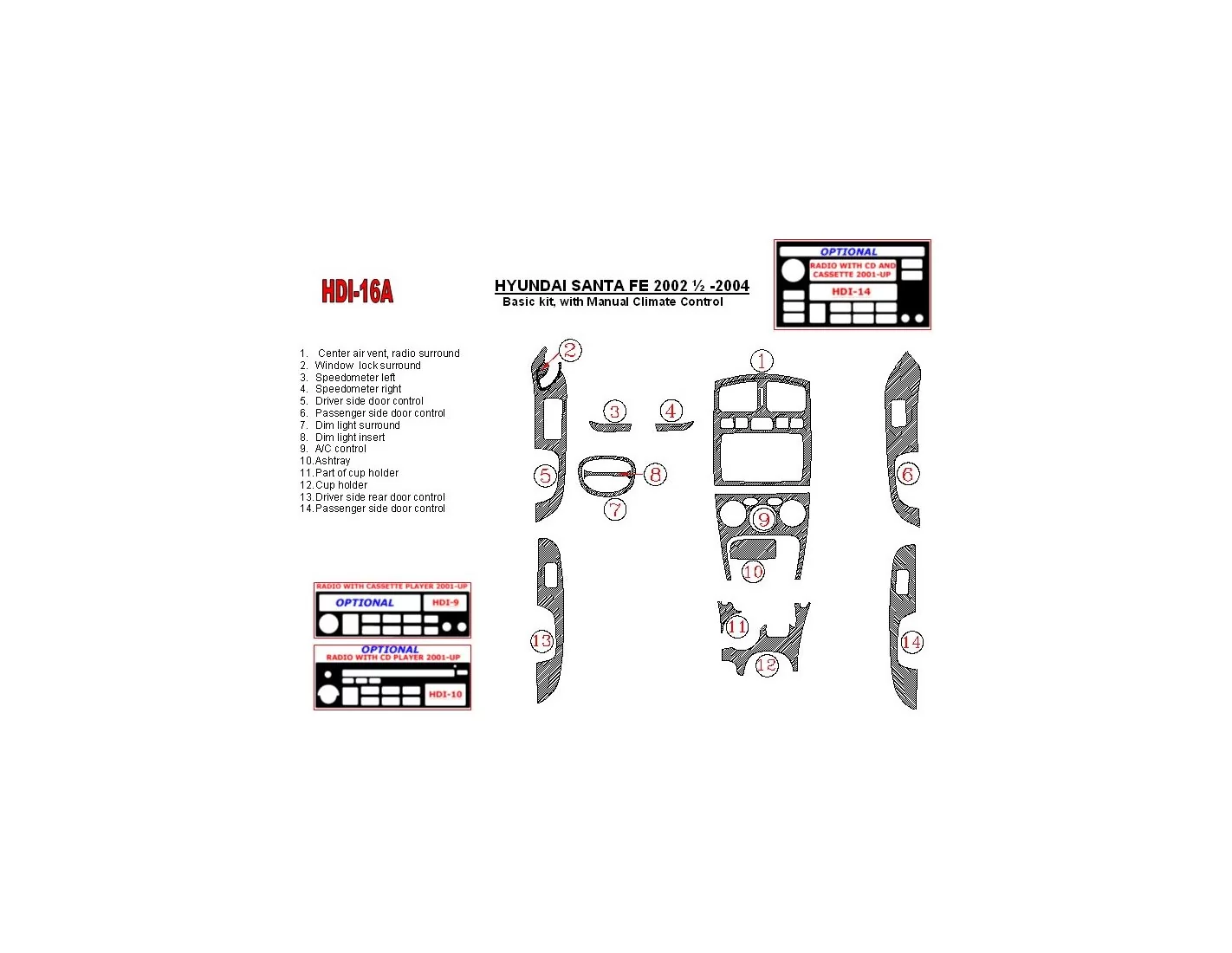 Hyundai Santa Fe 2002-2004 Basic Set, With Manual Gearbox Climate Control, 15 Parts set Interior BD Dash Trim Kit
