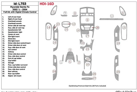 Hyundai Santa Fe 2002-2004 Ensemble Complet, Avec Automatic Climate Control, 29 Parts set BD Kit la décoration du tableau de bor