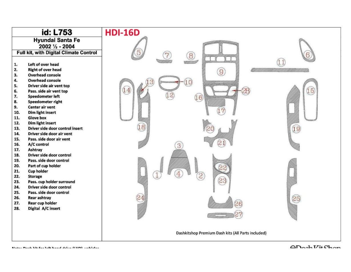Hyundai Santa Fe 2002-2004 Full Set, With Automatic Climate Control, 29 Parts set Interior BD Dash Trim Kit