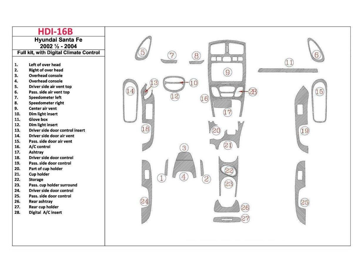 Hyundai Santa Fe 2002-2004 Ensemble Complet, Avec boîte manuellebox Climate Control, 28 Parts set BD Kit la décoration du tablea