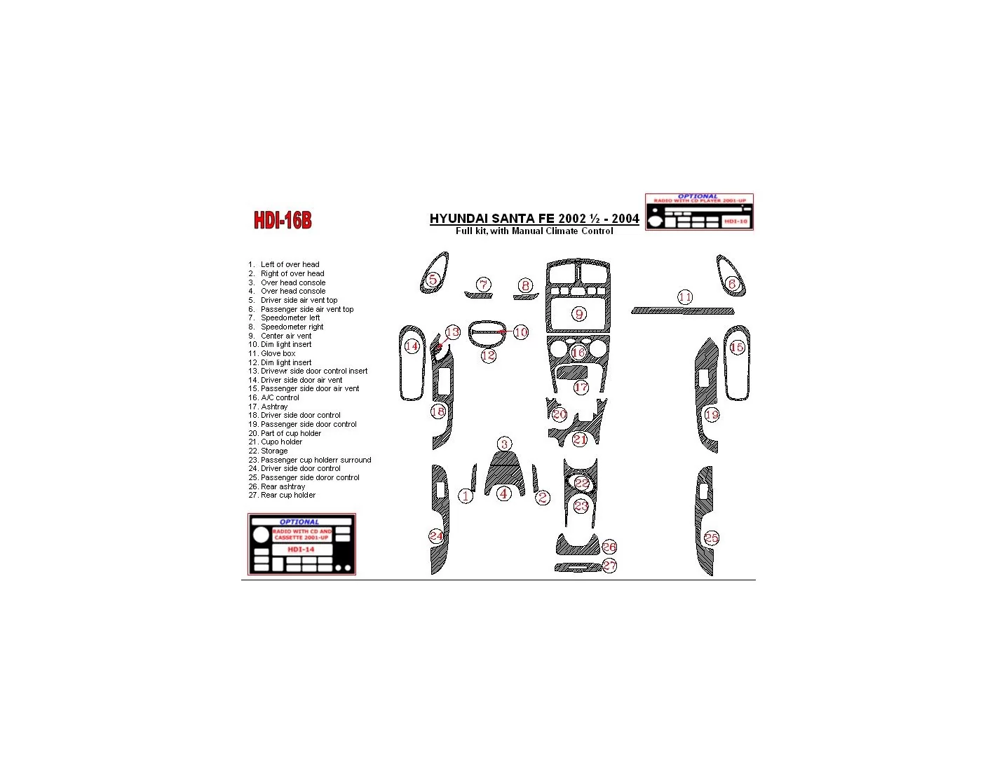 Hyundai Santa Fe 2002-2004 Ensemble Complet, Avec boîte manuellebox Climate Control, 28 Parts set BD Kit la décoration du tablea