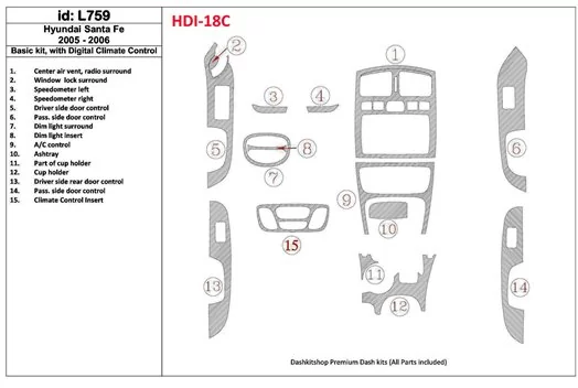 Hyundai Santa Fe 2005-2006 Basic Set, With Automatic Climate Control BD Interieur Dashboard Bekleding Volhouder