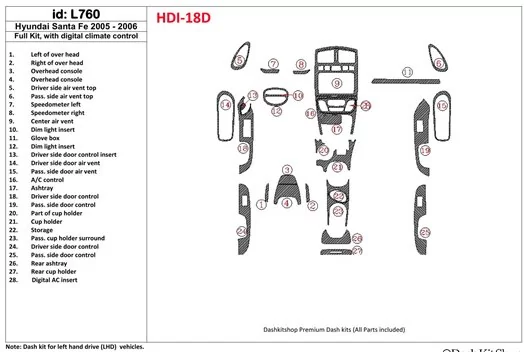 Hyundai Santa Fe 2005-2006 Full Set, with climate-control BD Interieur Dashboard Bekleding Volhouder