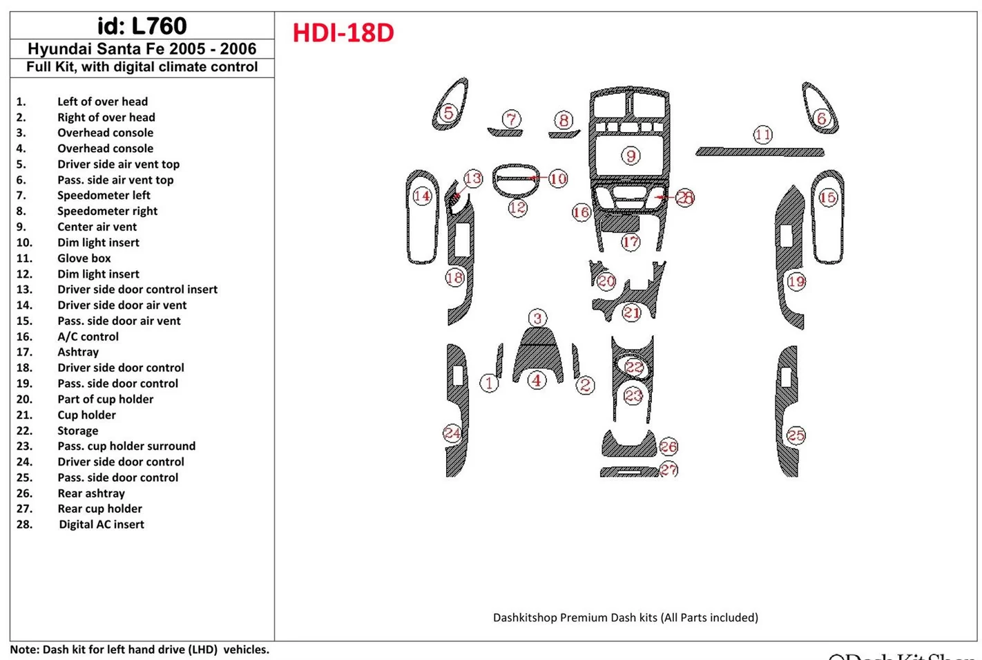 Hyundai Santa Fe 2005-2006 Ensemble Complet, Avec climate-control BD Kit la décoration du tableau de bord - 1 - habillage decor 