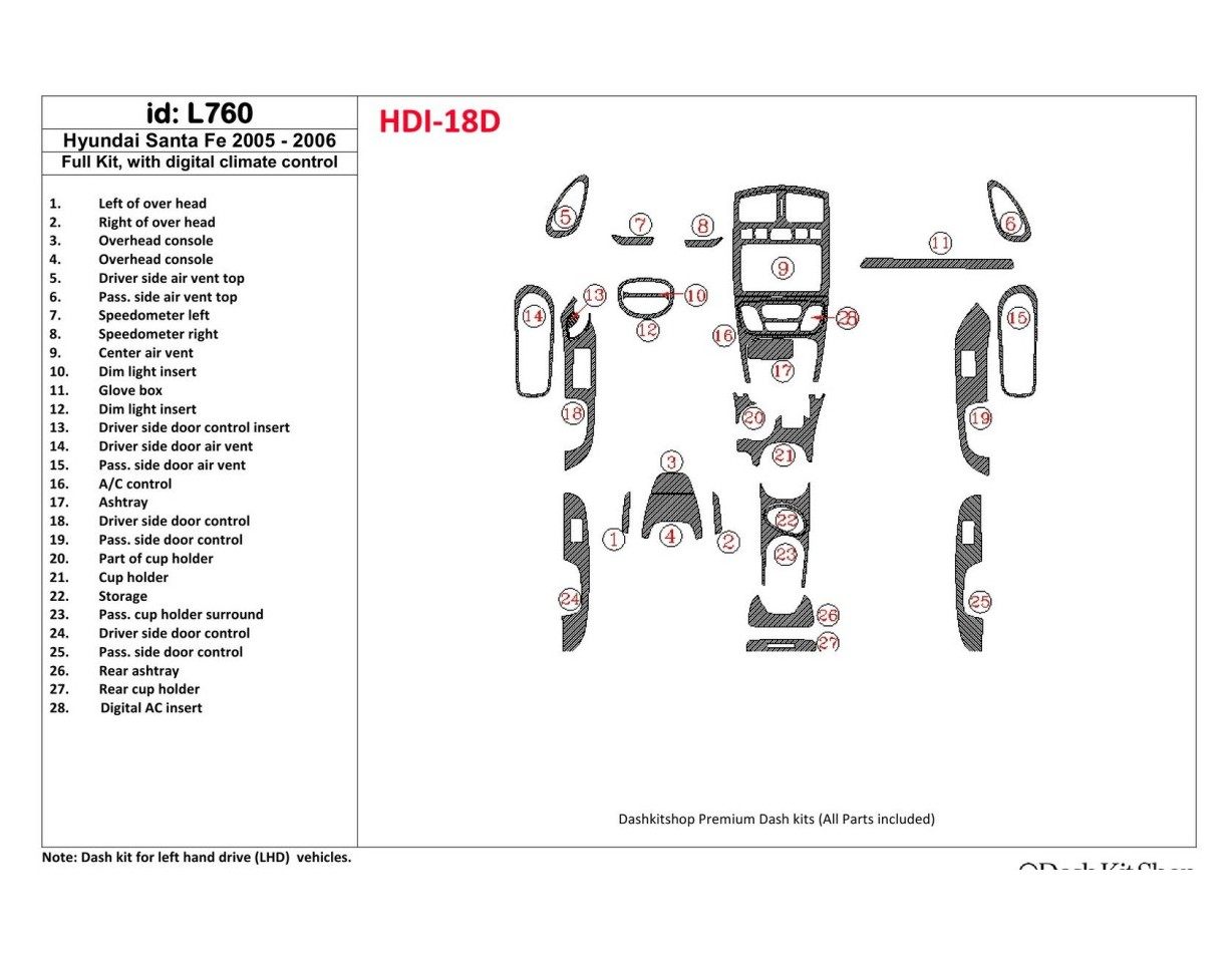 Hyundai Santa Fe 2005-2006 Full Set, with climate-control BD Interieur Dashboard Bekleding Volhouder