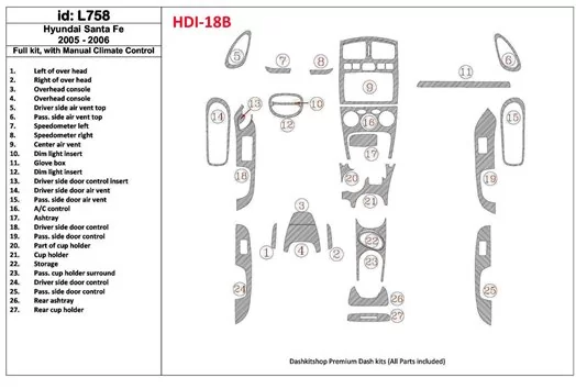 Hyundai Santa Fe 2005-2006 Ensemble Complet, Avec boîte manuellebox Climate Control BD Kit la décoration du tableau de bord - 1 