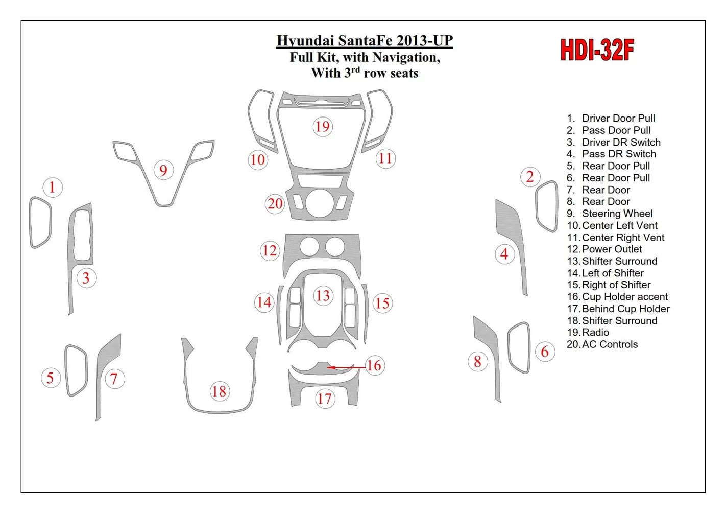 Hyundai Santa Fe 2013-UP Ensemble Complet, Avec NAVI, Avec 3 row seats BD Kit la décoration du tableau de bord - 1 - habillage d