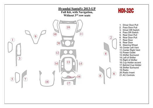 Hyundai Santa Fe 2013-UP Ensemble Complet, Avec NAVI, Sans 3 row seats BD Kit la décoration du tableau de bord - 1 - habillage d