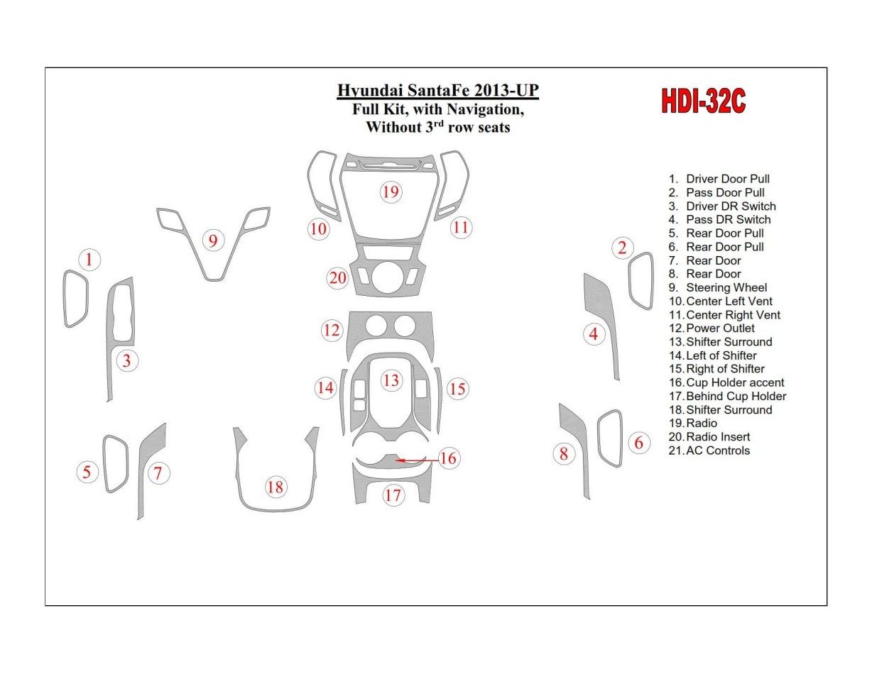 Hyundai Santa Fe 2013-UP Full Set, With NAVI, Without 3 row seats BD Interieur Dashboard Bekleding Volhouder